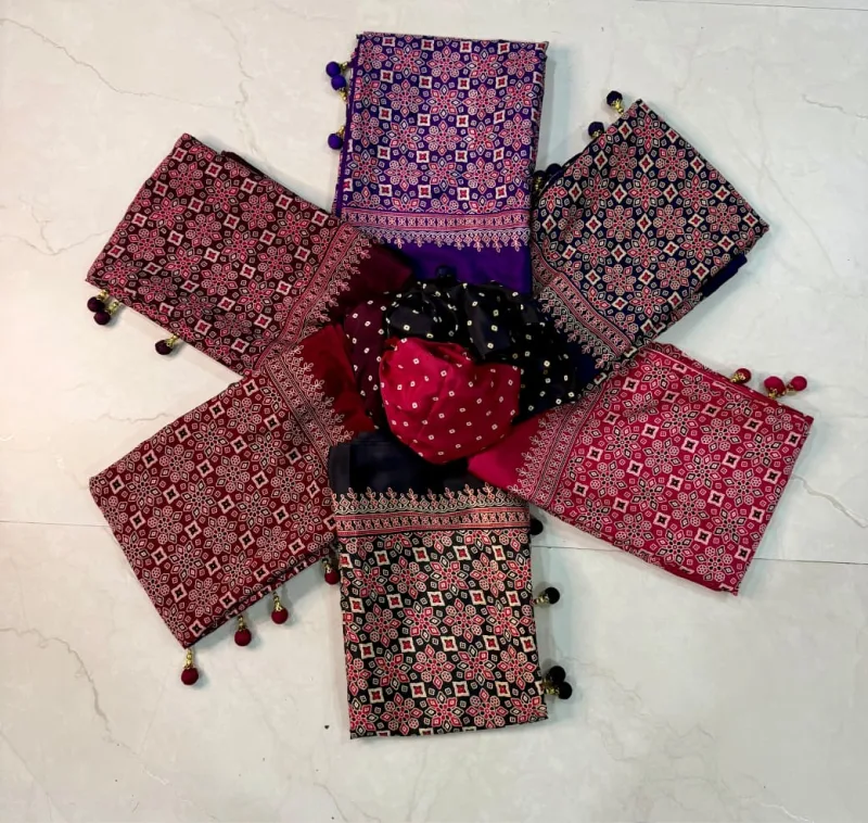 Tew Pure Creap Gajji Silk Ajrakh Printed Saree